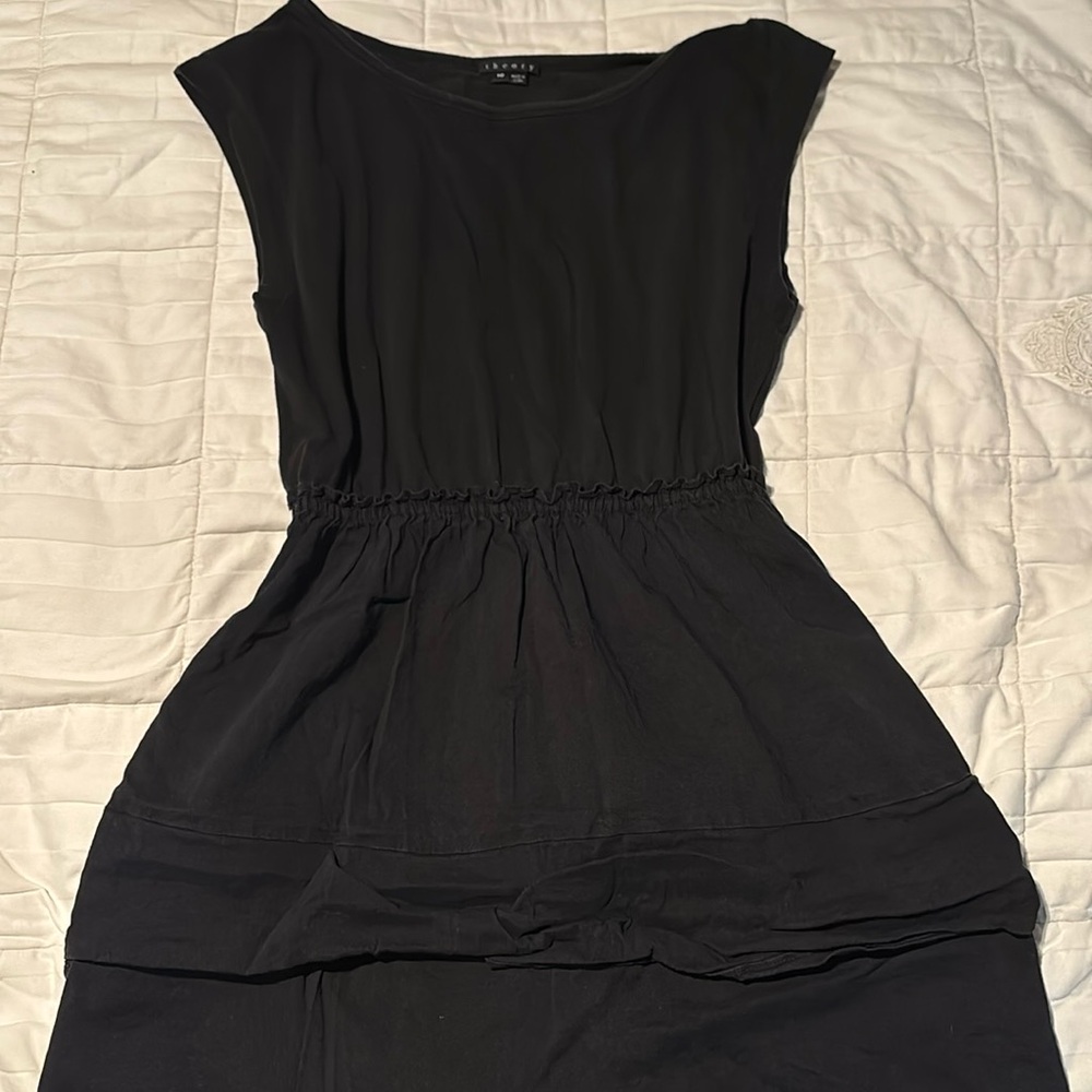 Theory Pansily Dress w/ Sleeveless Knit Top + Tiered Linen Skirt. Black